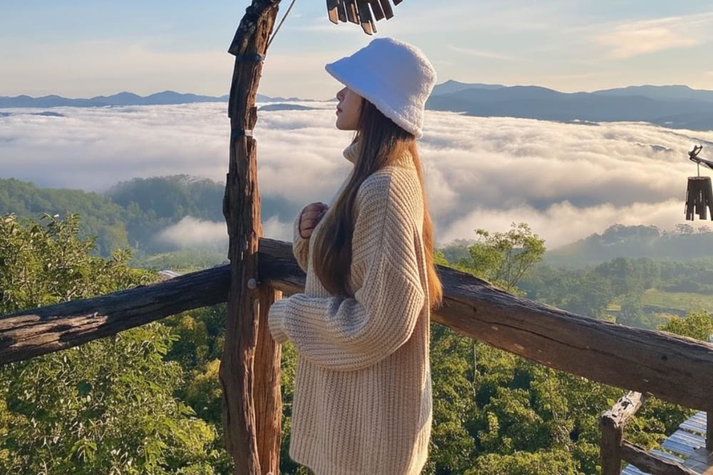 Du khách săn mây núi Lang Biang với trang phục vừa giữ ấm vừa thời gian.